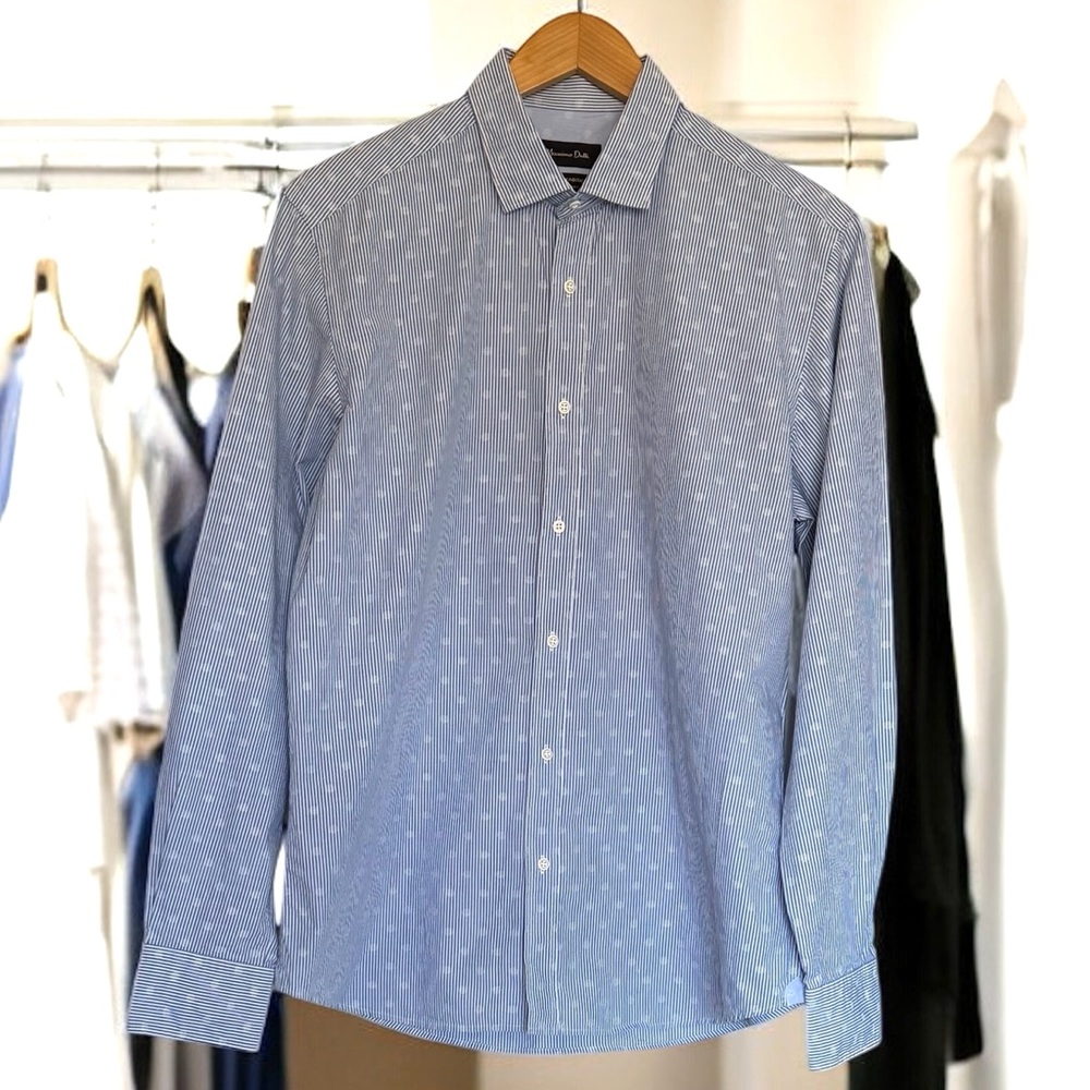 Massimo Dutti Men’s Stripped Dress Shirt Blue White Cotton Size L